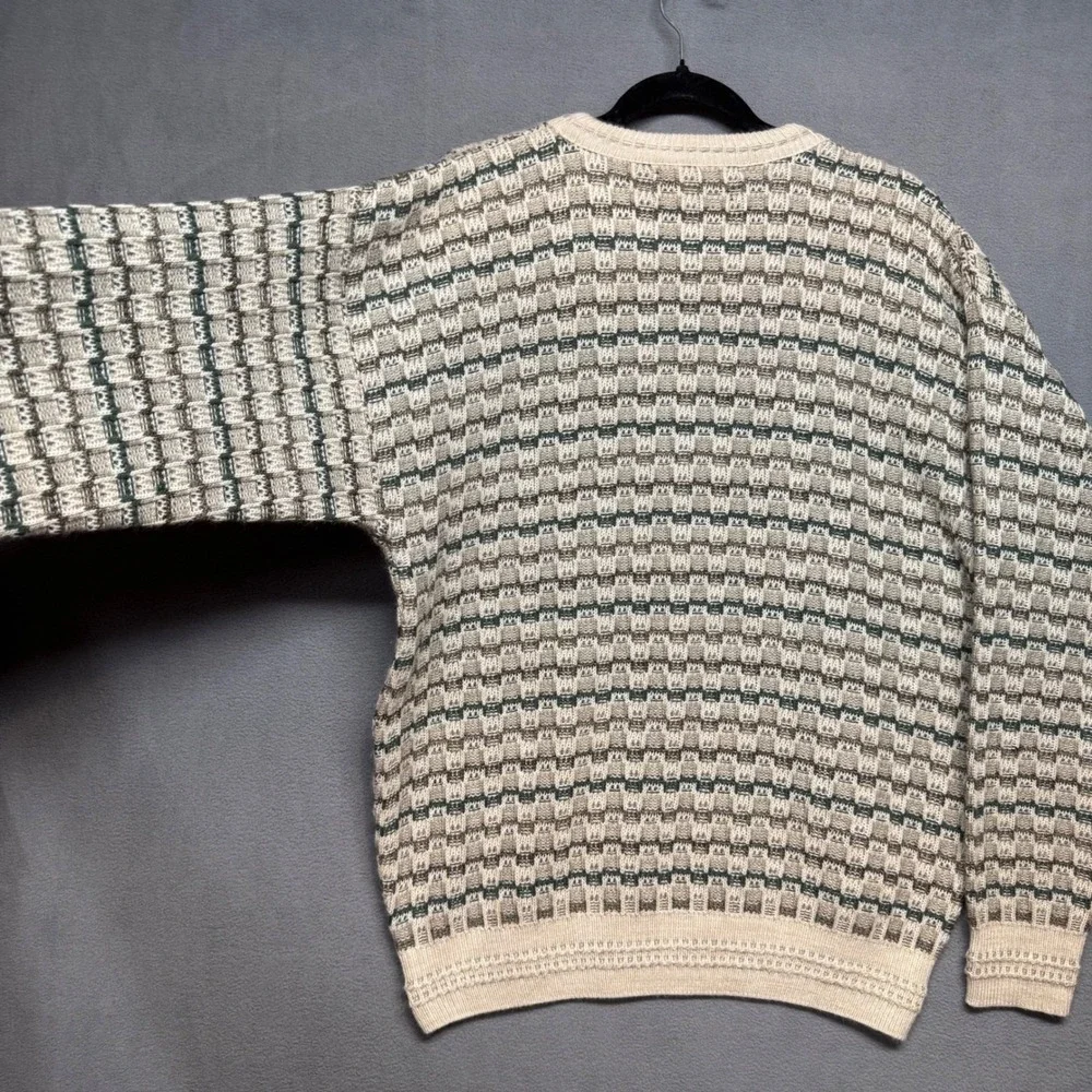 Vintage Jantzen Classics Sweater Mens Large Cream Green Textured Knit Acrylic